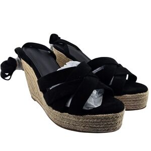 Womens Platform Wedge Espadrille Sandals Ankle lace up Black Suede Shoes 8.5 New